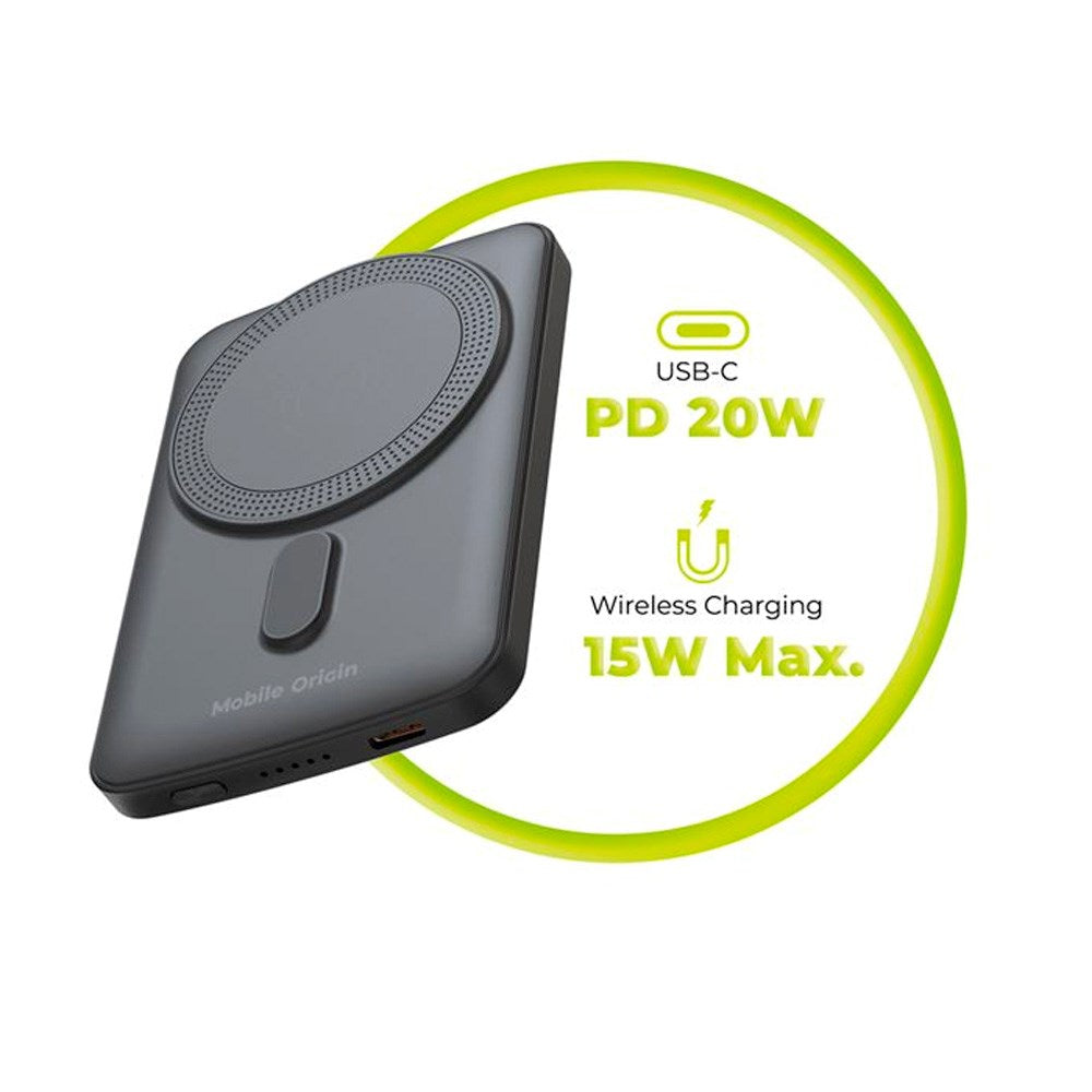 Mobile Origin 20W Powerbank 5000 mAh med LED-Skjerm - USB-C-Kontakt - Grå