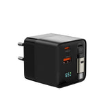 Mobile Origin Display Vegglader m. 1 x USB-A / 1 x USB-C / 1 x Uttrekkbart USB-C Kabel - 65W - Svart