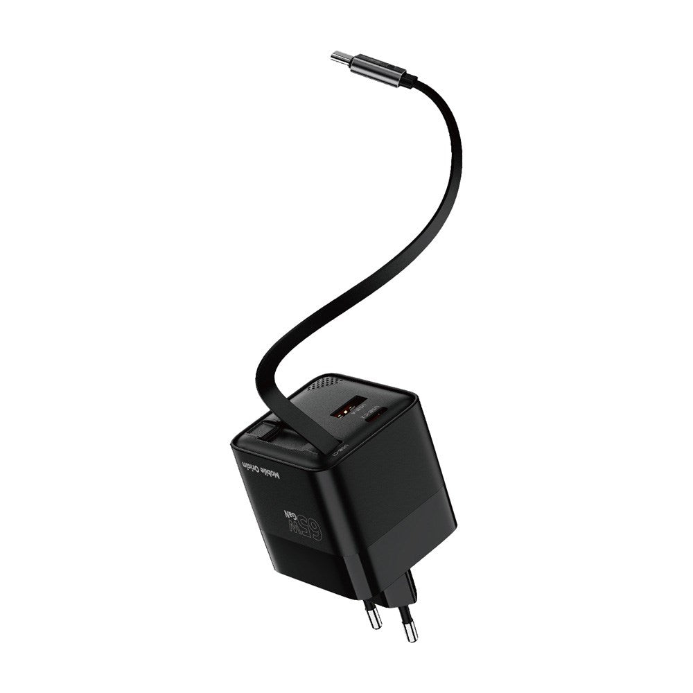 Mobile Origin Display Vegglader m. 1 x USB-A / 1 x USB-C / 1 x Uttrekkbart USB-C Kabel - 65W - Svart
