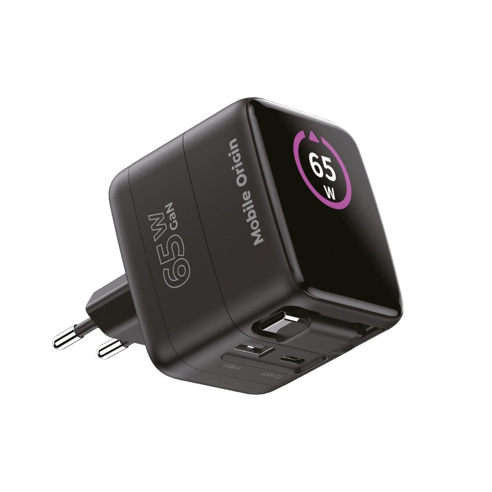 Mobile Origin GaN 65W Display Vegglader m. 1 x USB-A / 1 x USB-C / 1 x Uttrekkbart USB-C Kabel - Svart