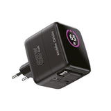 Mobile Origin GaN 65W Display Vegglader m. 1 x USB-A / 1 x USB-C / 1 x Uttrekkbart USB-C Kabel - Svart