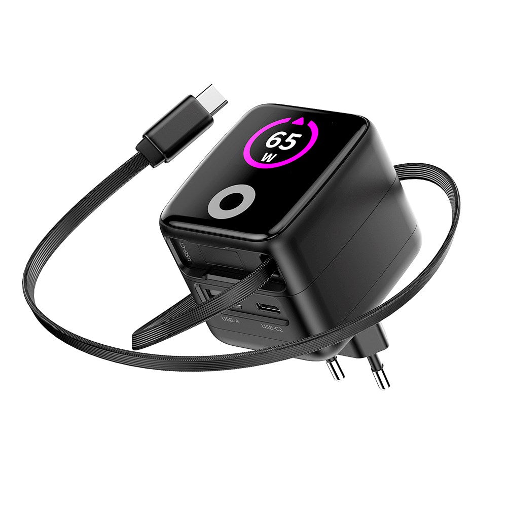 Mobile Origin GaN 65W Display Vegglader m. 1 x USB-A / 1 x USB-C / 1 x Uttrekkbart USB-C Kabel - Svart
