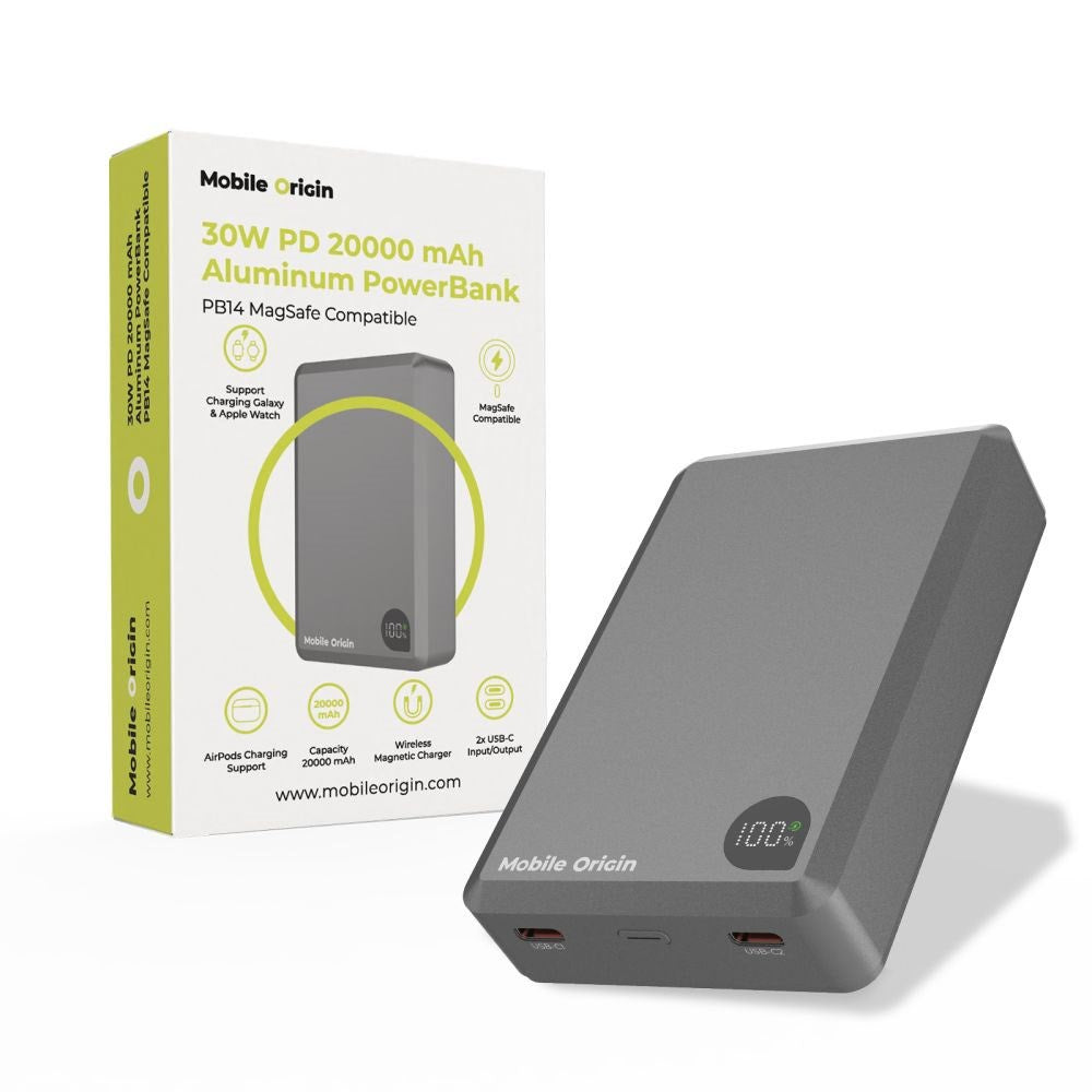 Mobile Origin 30W 20 000 mAh Powerbank med USB-C & Trådløs Lading – MagSafe Kompatibel – Grå
