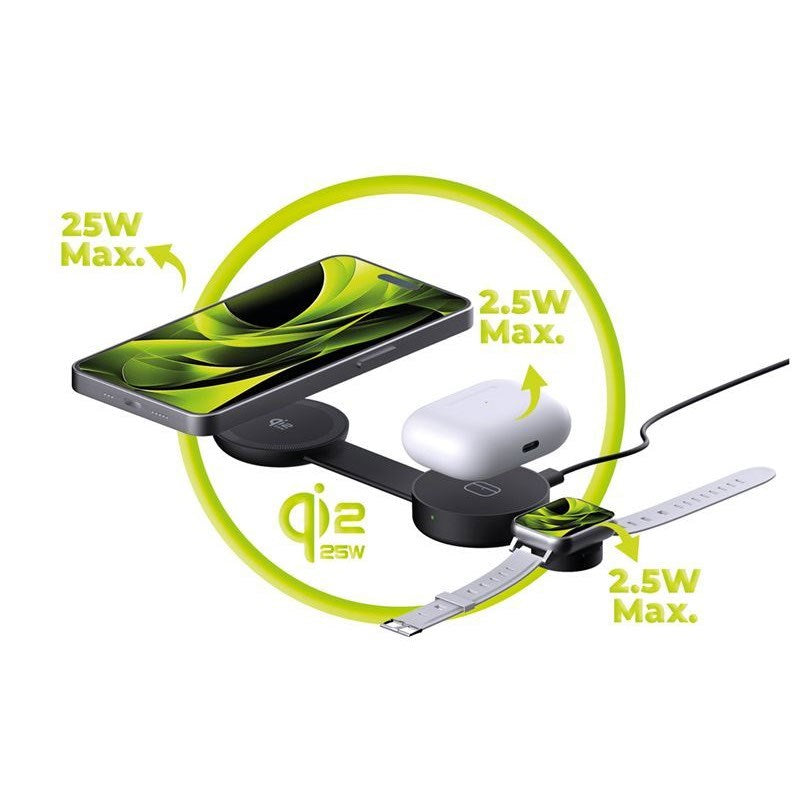 Mobile Origin 3-i-1 Sammenleggbar Trådløs Qi2-Lader for Smarttelefon / Apple Watch / Hodetelefoner - 25W - Svart