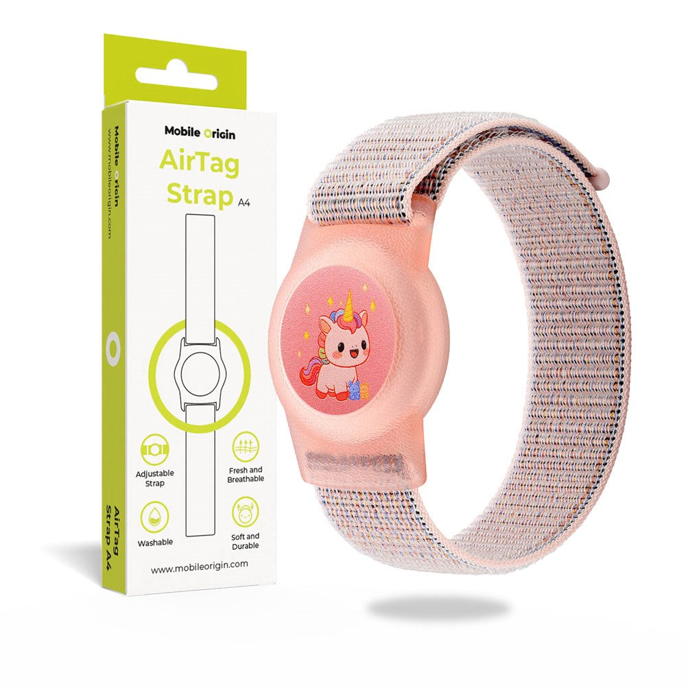 Mobile Origin Apple AirTag Nylon Rem for Barn - Rosa Enhjørning