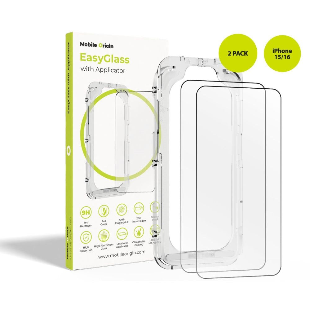iPhone 16 / 15 Mobile Origin EasyGlass Skjermbeskyttelsesglass - 2 stk. - Gjennomsiktig
