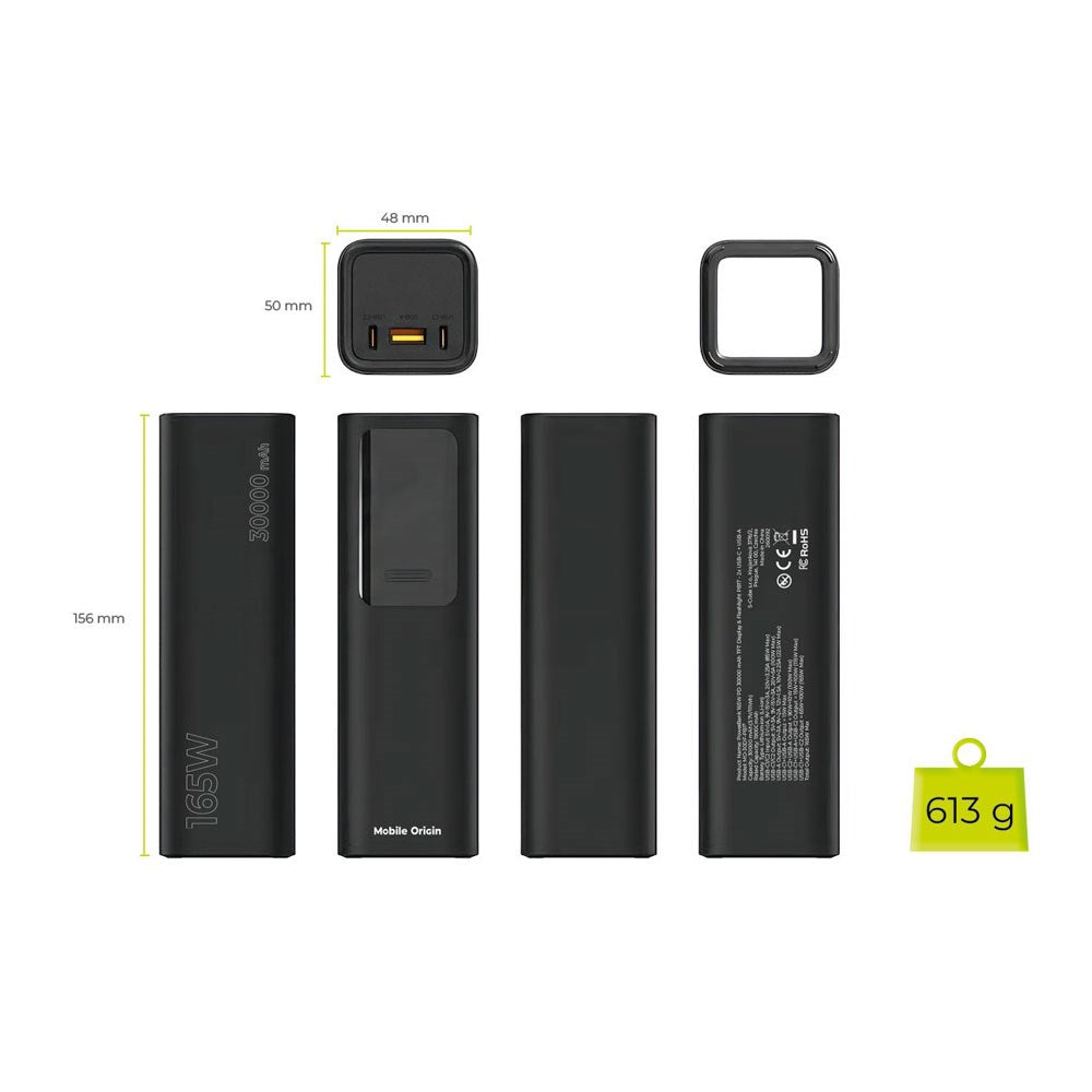 Mobile Origin 165W PowerBank m. Display & Lommelykt - 2x USB-C & 1x USB-A - 30.000 mAh - Svart