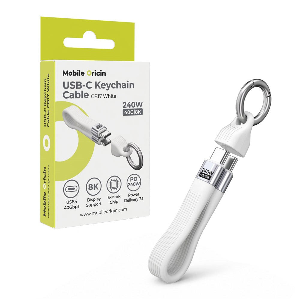 Mobile Origin 240W USB-C til USB-C Nøkkelringkabel - 13cm - Hvit