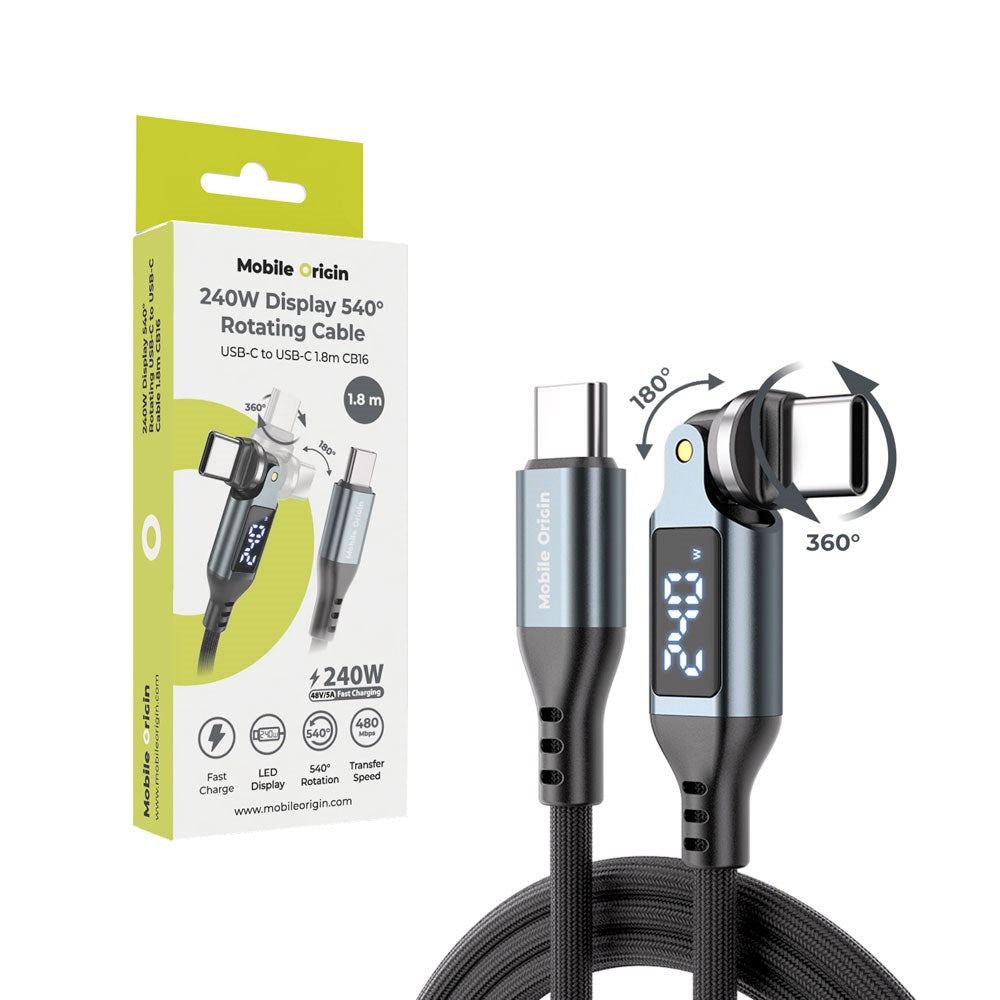 Mobile Origin 240W Display 540° Roterbar USB-C til USB-C Kabel - 1.8m - Svart