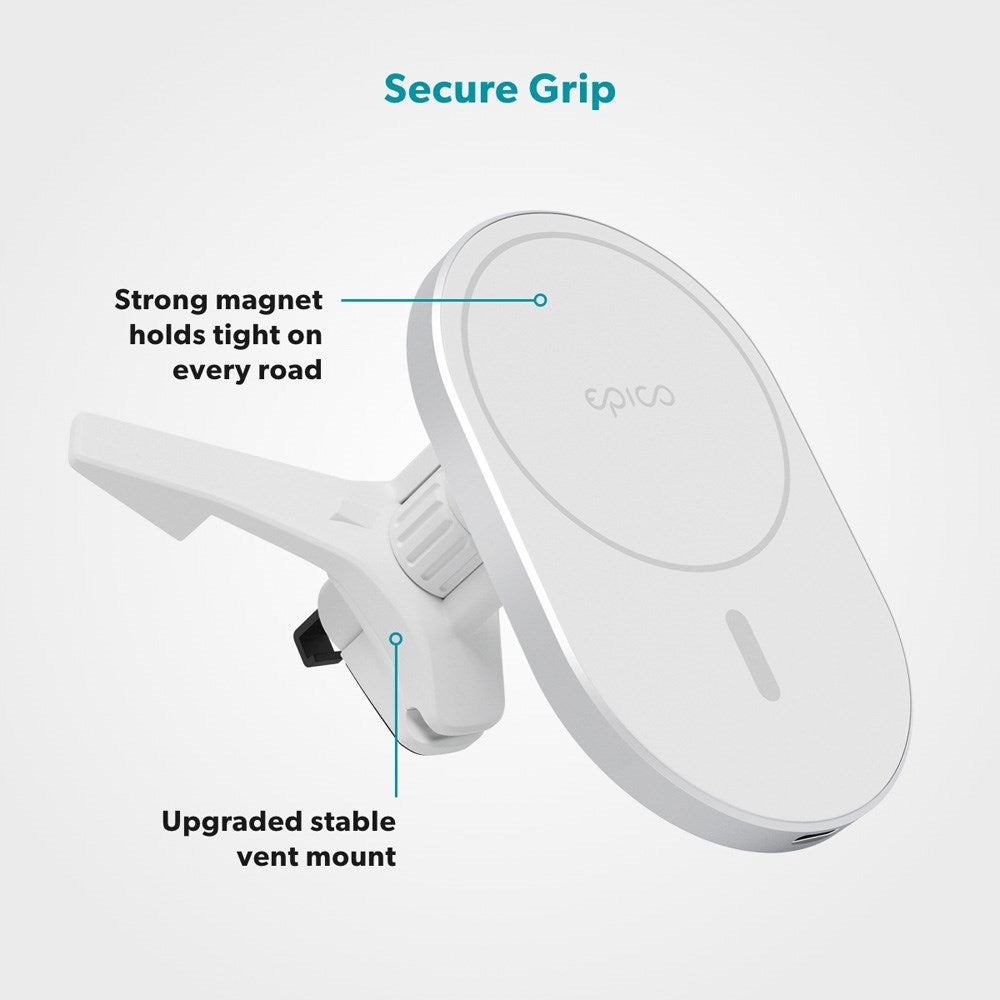 Epico Magnetisk Mobiltelefonholder for Bil m. 15W Trådløs Lading og 18W Billader - MagSafe-Kompatibel - Hvit