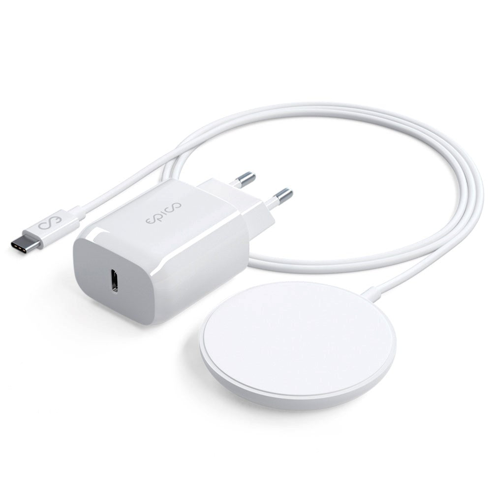 Epico 15W Magnetisk Trådløs Lader m. 20W PD Vegglader - MagSafe-Kompatibel - Hvit