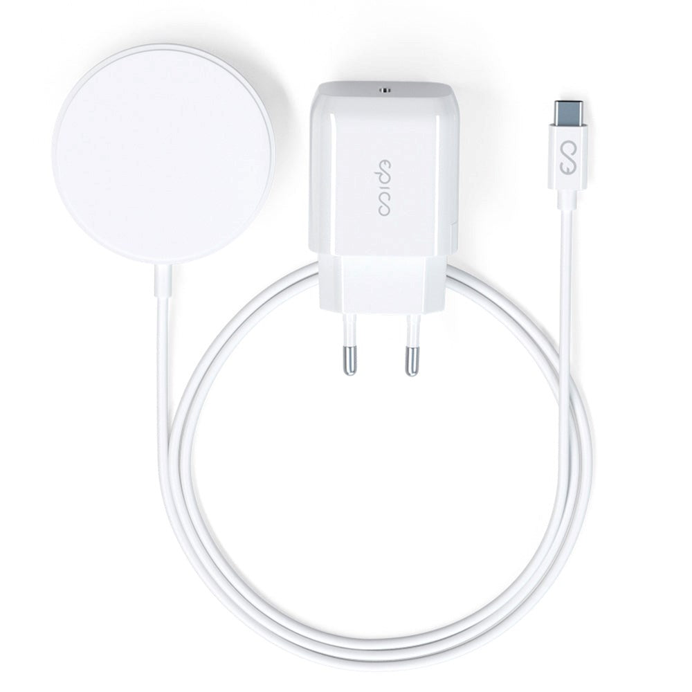 Epico 15W Magnetisk Trådløs Lader m. 20W PD Vegglader - MagSafe-Kompatibel - Hvit