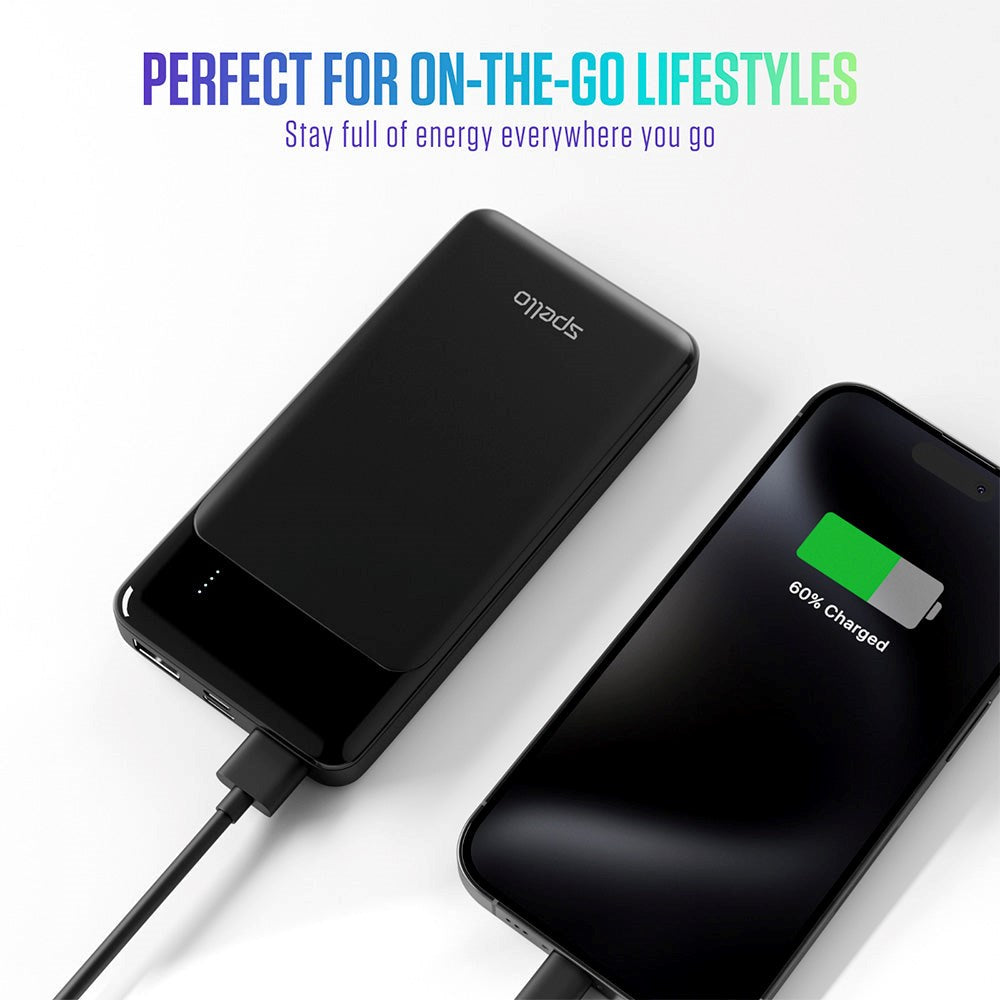 Spello Thin 10W Powerbank med 2 x USB-A og 1 x USB-C - 10 000 mAh - Svart