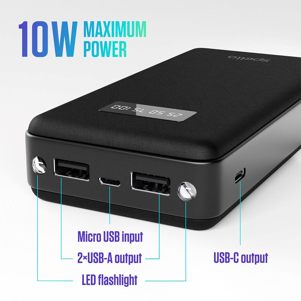 Spello Multi 10W Powerbank med 2 x USB-A og 1 x USB-C - 15.000 mAh - Svart