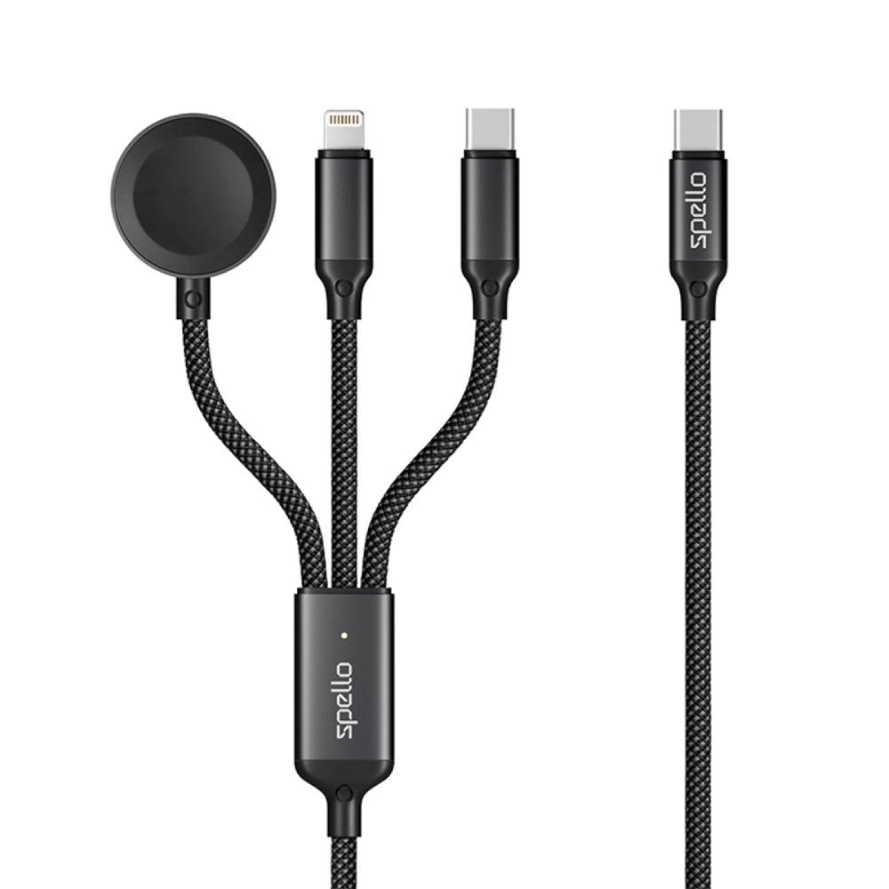 Spello 3-i-1 Multifunksjonell 100W USB-C-Kabel med USB-C - Lightning - Apple Watch-Lader - Svart