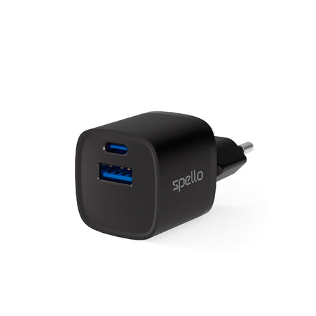 Spello 20W PD (Power Delivery) Väggladdare med 1 x USB-C 1 x USB-A- Svart