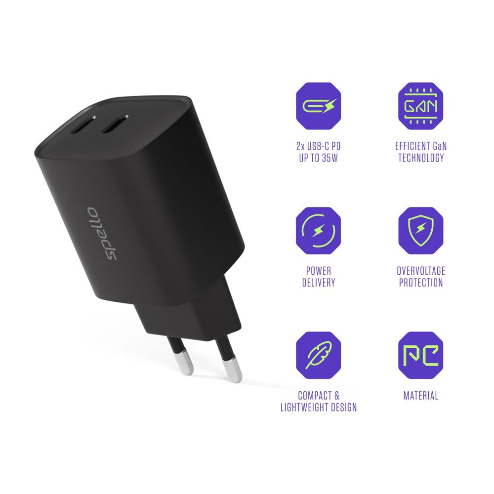 Spello 35W PD (Power Delivery) Väggladdare med 2 x USB-C - Svart