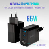 Spello 65W PD (Power Delivery) Väggladdare med 2 x USB-C 1 x USB-A - Svart