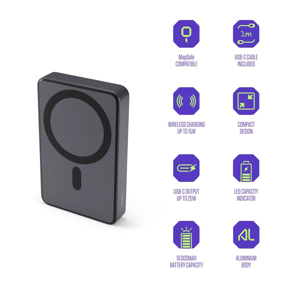 Spello ForcePack 10 000mAh Magnetisk Power Bank 15W - MagSafe Kompatibel - Mørkegrå