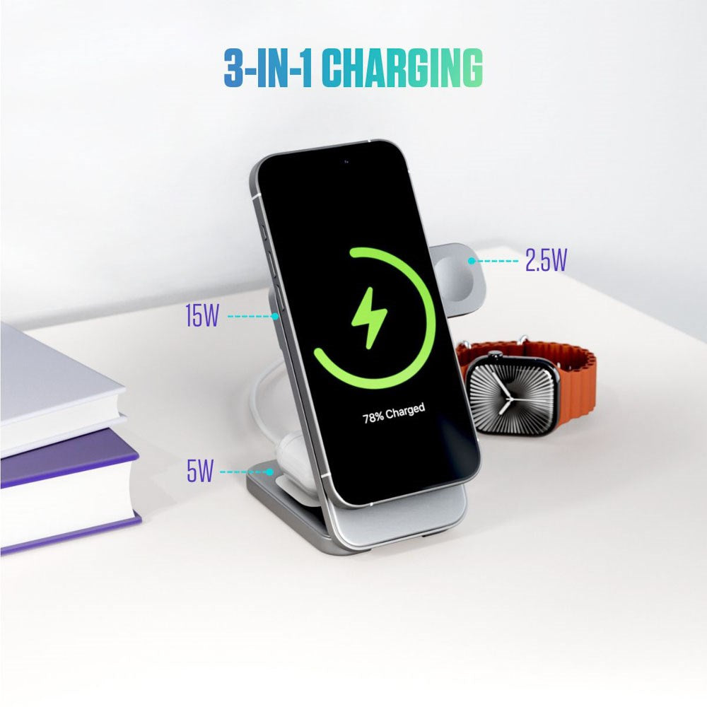 Spello ForceBase Sammenleggbar 3-i-1 Trådløs Qi2 Lader 15W - MagSafe Kompatibel - Sølv