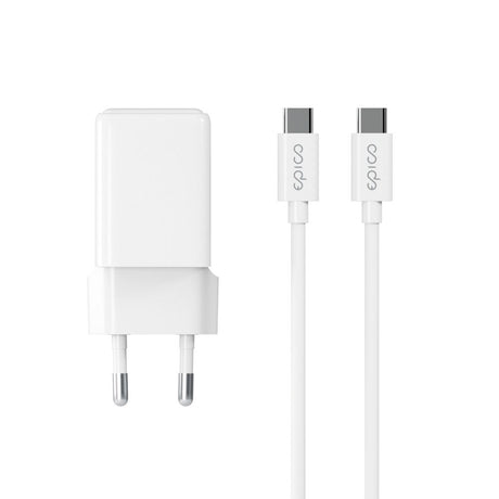 Epico UltraBoost GaN 35W Vegglader m. 1.2m USB-C til USB-C Kabel - 2x USB-C - Hvit