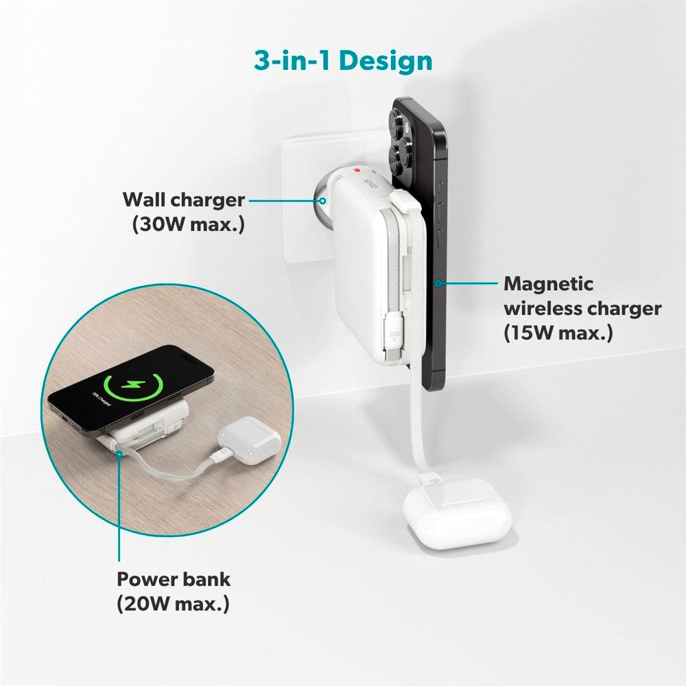 Epico UltraPack Mag+ 3-i-1 Reise PowerBank 10.000 mAh - MagSafe Kompatibel - Hvit