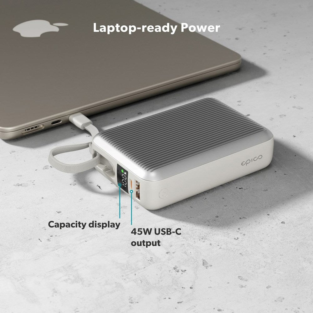 Epico UltraPack 45W Powerbank 20.000mAh med Uttrekkbar USB-C-Kabel – Grå