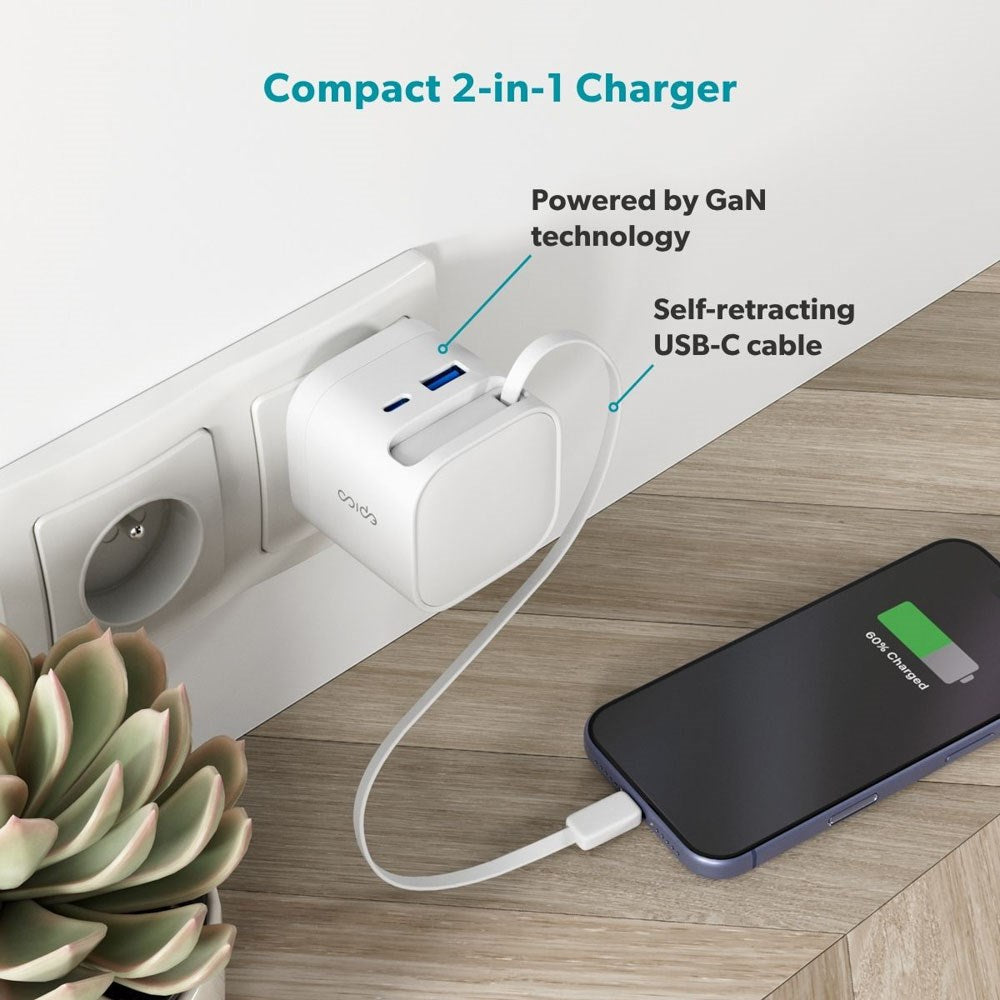 Epico UltraBoost 65W Vegglader m. USB-C / USB-A / Uttrekkbart USB-C Kabel – Hvit