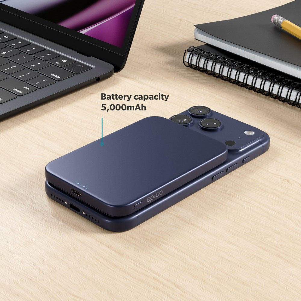Epico 15W UltraPack EM51 Slim Alu Mag+ 5000 mAh Power Bank med USB-C - Qi2 / MagSafe Kompatibel - Blue