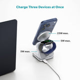 Epico UltraBase EF60 3-i-1 Fold Metal Mag+ Trådløs Lader - 25W - Qi2 / MagSafe Kompatibel - Sølv