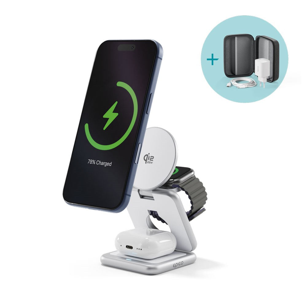 Epico UltraBase EF60 3-i-1 Fold Metal Mag+ Trådløs Lader - 25W - Qi2 / MagSafe Kompatibel - Sølv