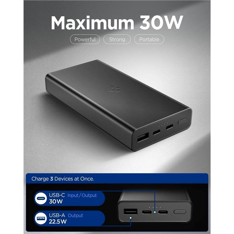 Spigen Essential 20 000mAh Powerbank med 2 x USB-C - 1 x USB-A - 30W - Svart