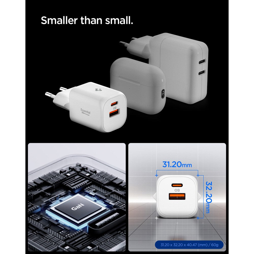 Spigen Essential 35W Vegglader m. 1 x USB-C & 1 x USB-A - Hvit