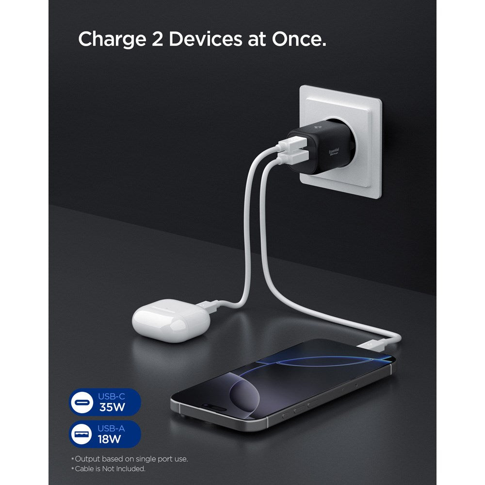 Spigen Essential 35W Vegglader m. 1 x USB-C & 1 x USB-A - Svart
