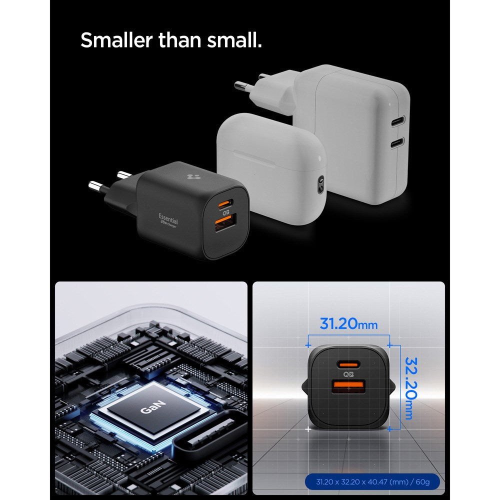Spigen Essential 35W Vegglader m. 1 x USB-C & 1 x USB-A - Svart