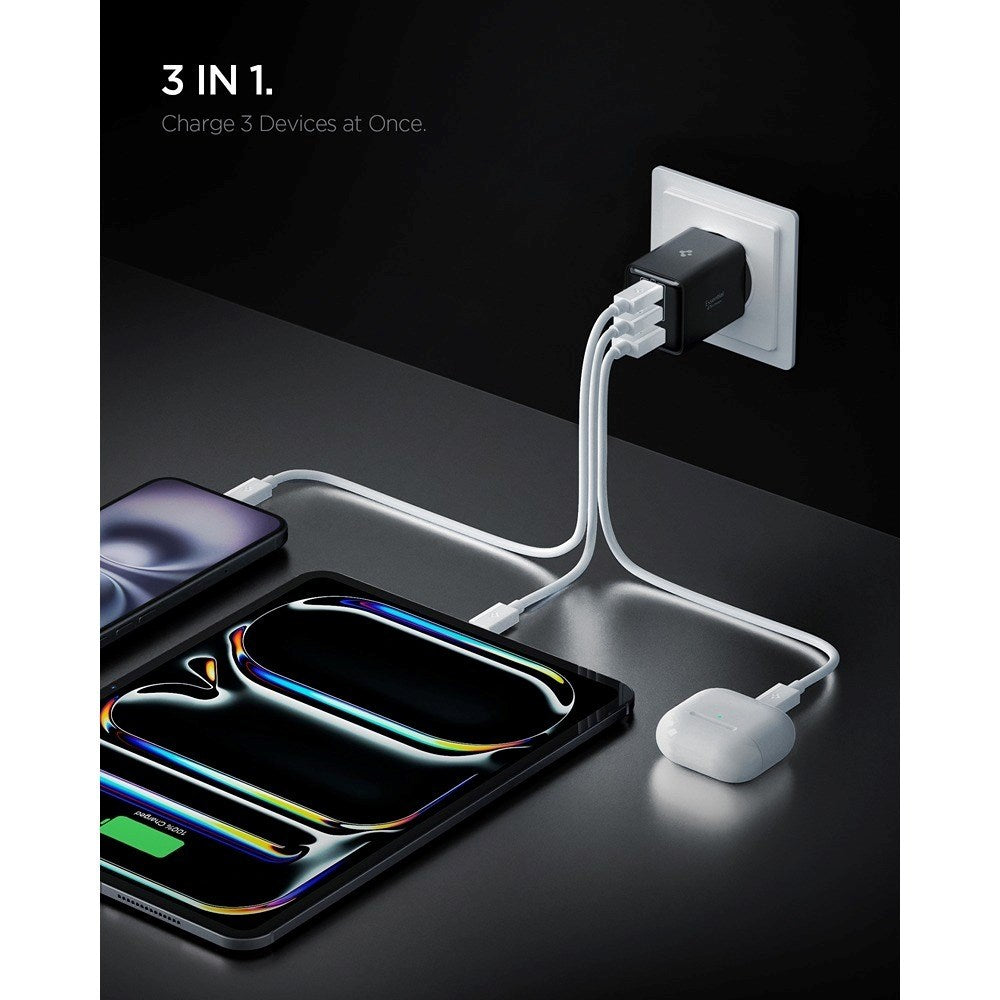 Spigen Essential 47W Vegglader med 2 x USB-C & 1 x USB-A - Svart