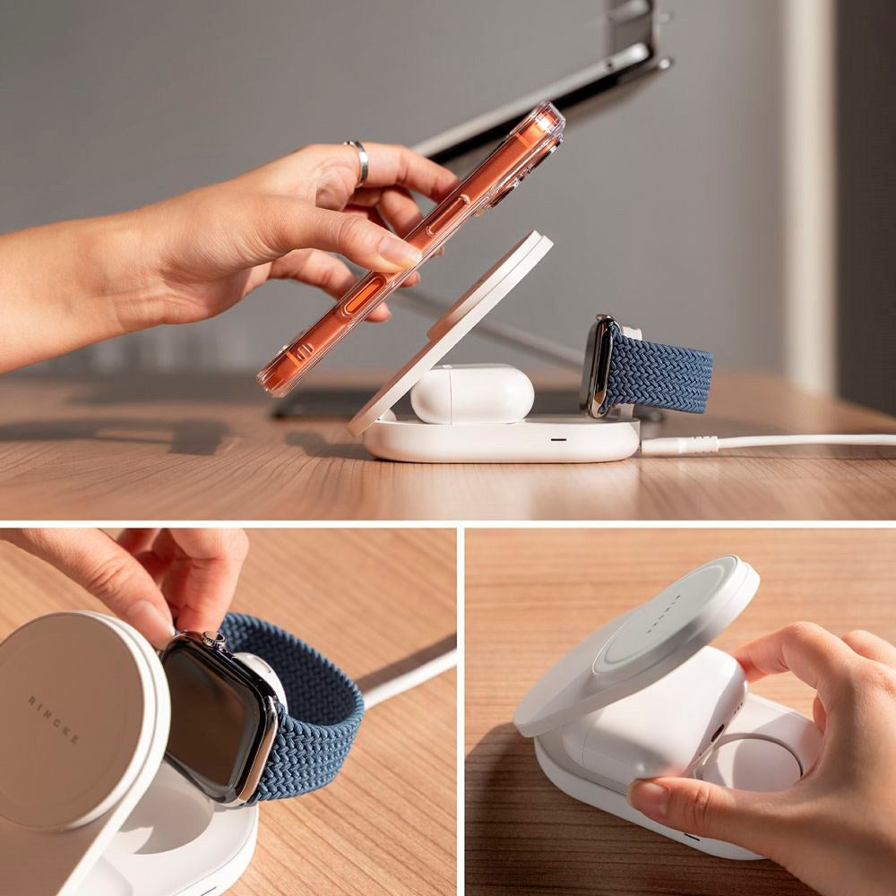 Ringke 3-i-1 Qi2 Foldbar Trådløs Lader – 25W – MagSafe Kompatibel – Hvit
