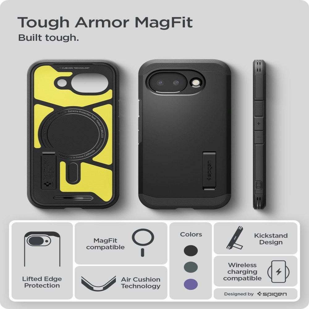 Google Pixel 10a Spigen Tough Armor Hybrid Deksel m. Stativfunksjon - MagSafe Kompatibel - Svart