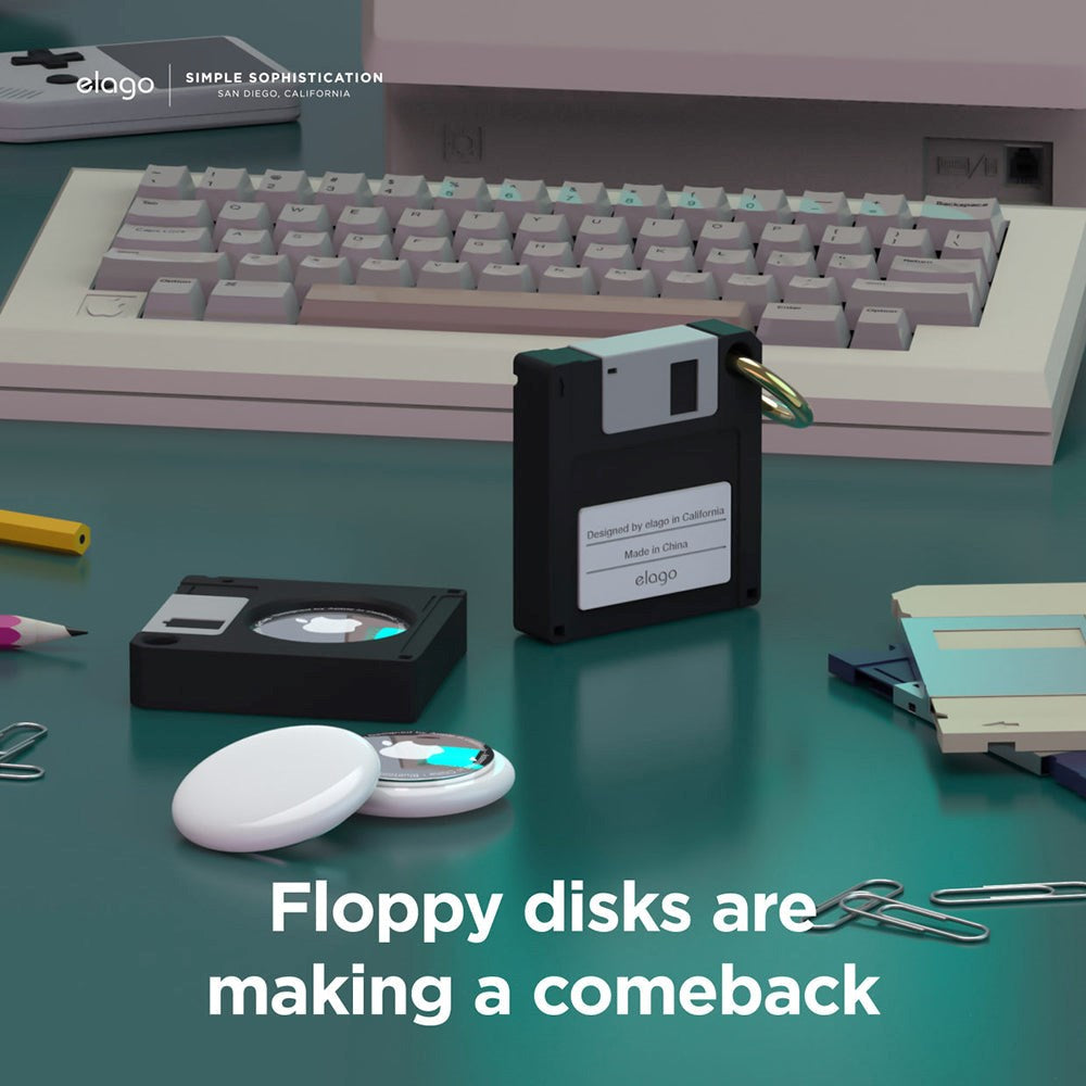 Airtag Floppy Disk Silikondeksel m. Nøkkelring - Svart