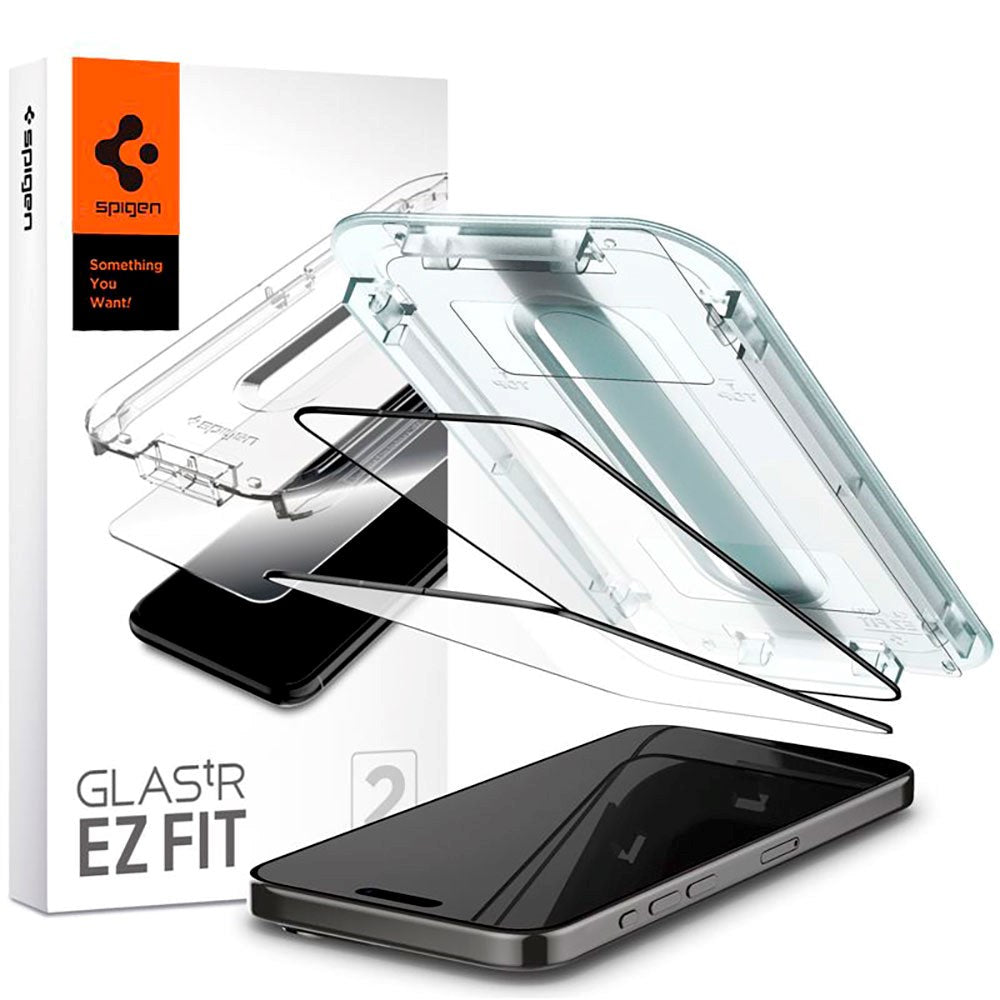 iPhone 15 Pro Max Spigen EZ Fit Glas.tR Skjermbeskytter 2. Stk - Case Friendly - Svart Kant