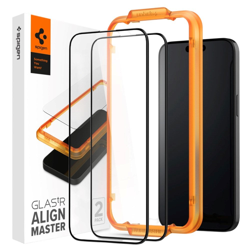iPhone 15 Pro Spigen Glass tR AlignMaster Skjermbeskyttelsesglass - 2 stk - Gjennomsiktig / Svart Kant
