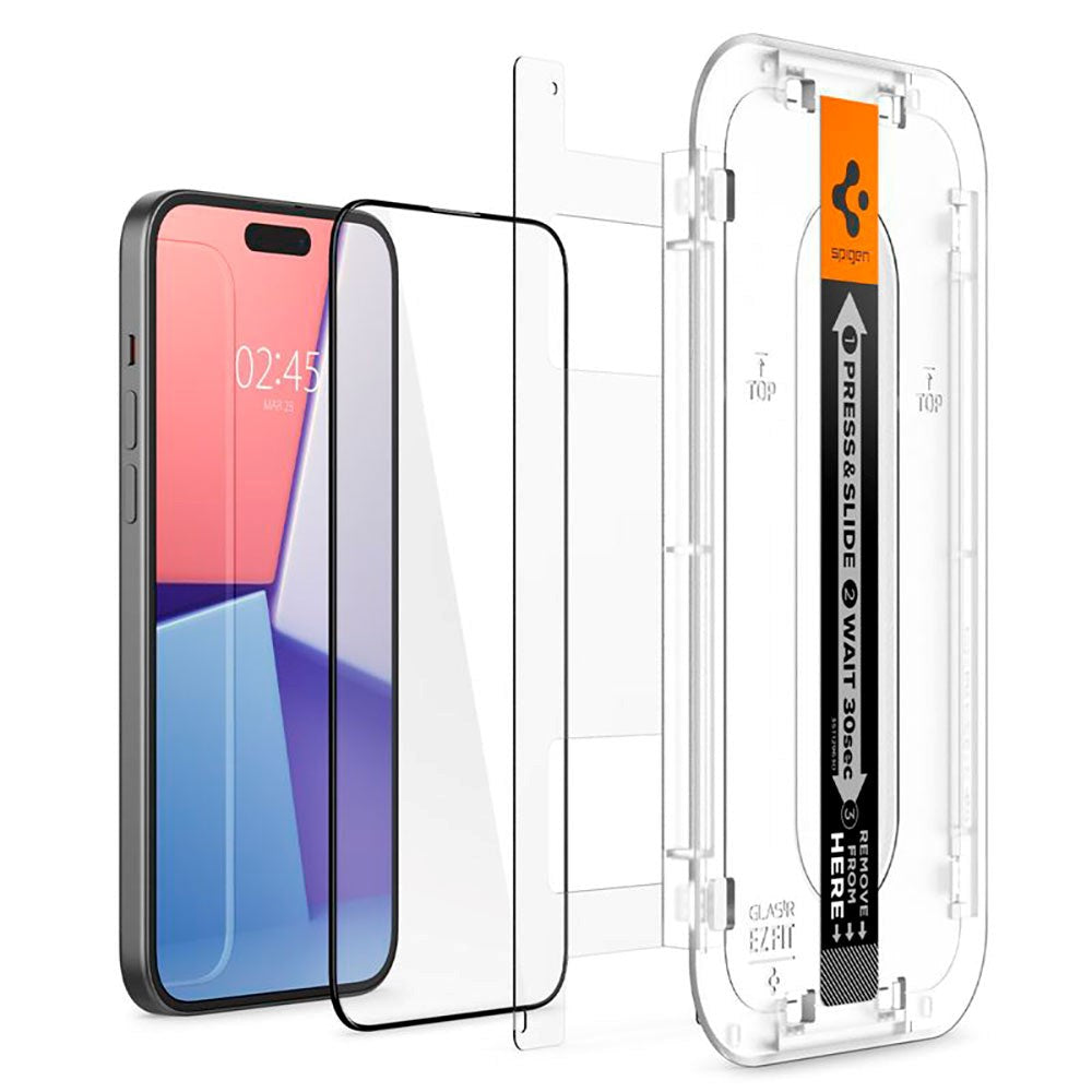 iPhone 15 Spigen EZ Fit Glas.tR Skjermbeskytter 2. Stk - Case Friendly - Svart Kant