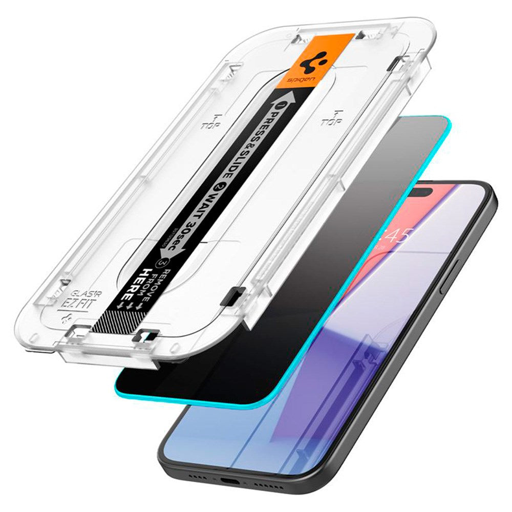 iPhone 15 / 16 Spigen EZ Fit Glas.tR Skjermbeskytter 2. Stk - Privacy Filter - Case Friendly - Gjennomsiktig