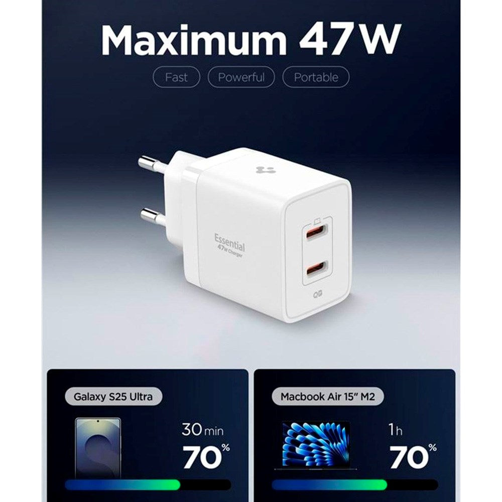 Spigen 47W Vegglader m. 2x USB-C - Hvit