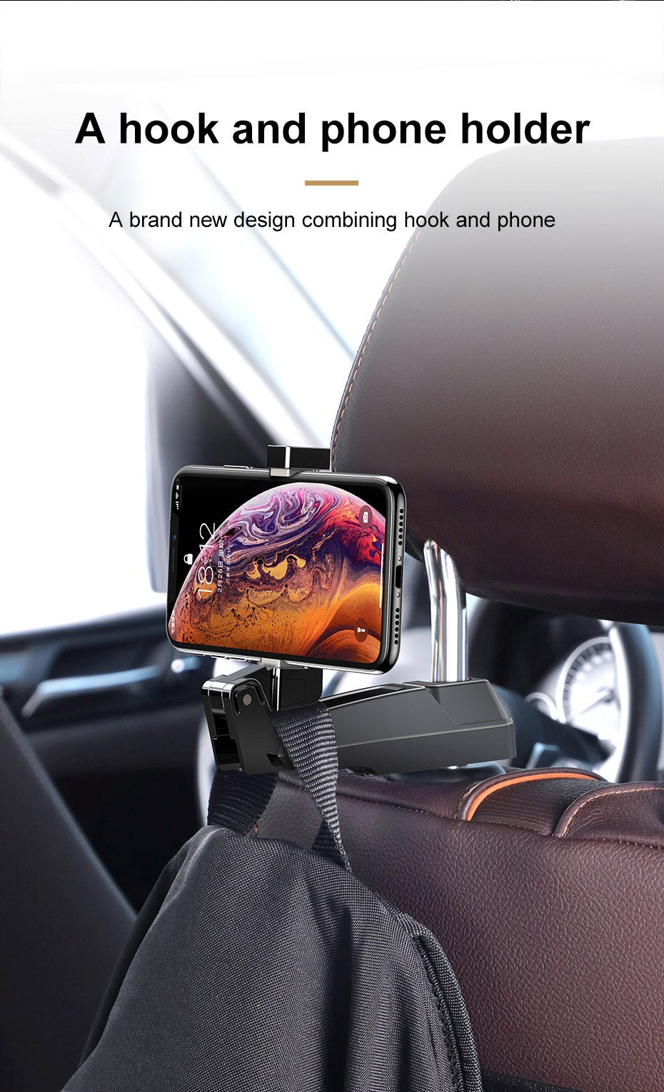 Baseus Backseat Car Mount Til Bilens Nakkestøtte 4.0"-6.5" - Max Mobil: 45 x 85mm - Sort