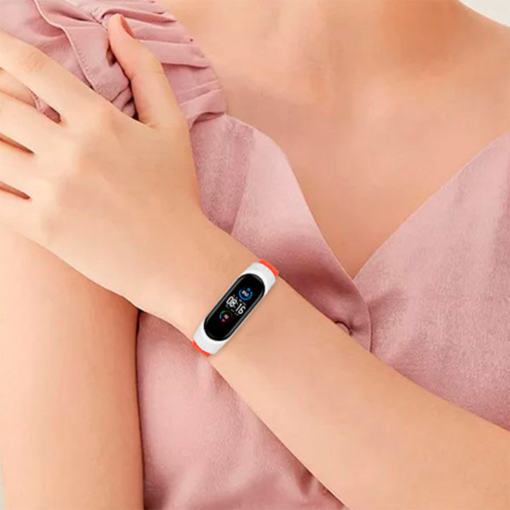 Xiaomi Mi Smart Band 5 / 6 Hurtel flettet stoffrem - Hvit / Rosa