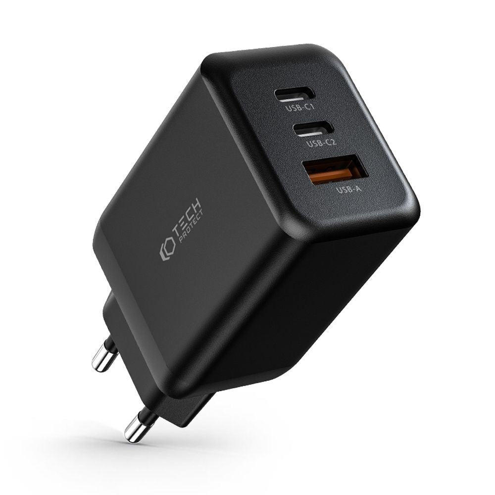 Tech-Protect NC PD 65W Vegglader med 2 x USB-C og 1 x USB-A - Svart