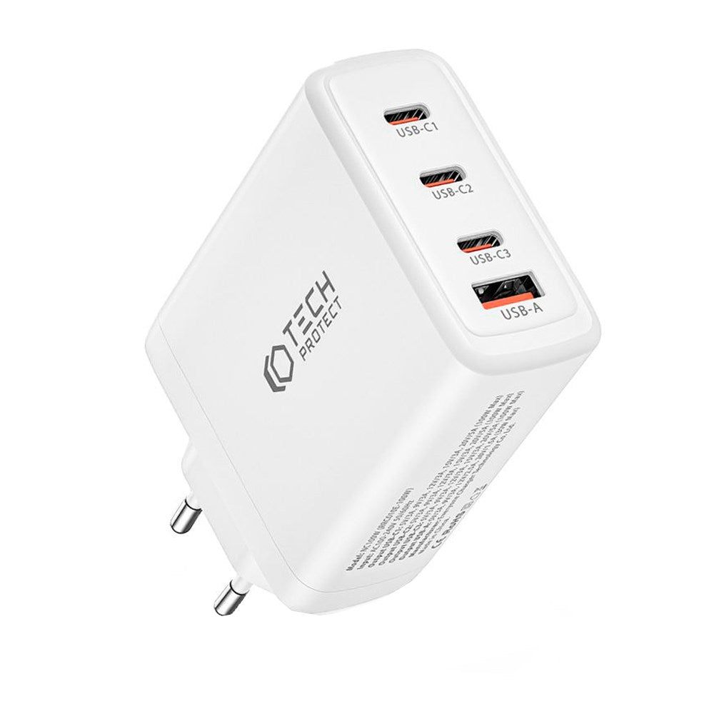 Tech-Protect Network PD GaN 100W Vegglader med 3 x USB-C og 1 x USB-A - Hvit