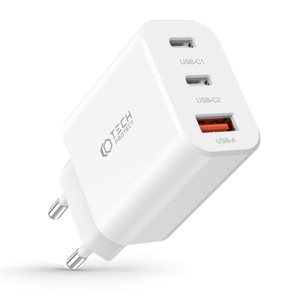 Tech-Protect NC 30W Vegglader med 2 x USB-C og 1 x USB-A - Hvit