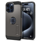 iPhone 15 Pro Spigen Tough Armor Deksel med Stativ - MagSafe-Kompatibelt - Gun Metal